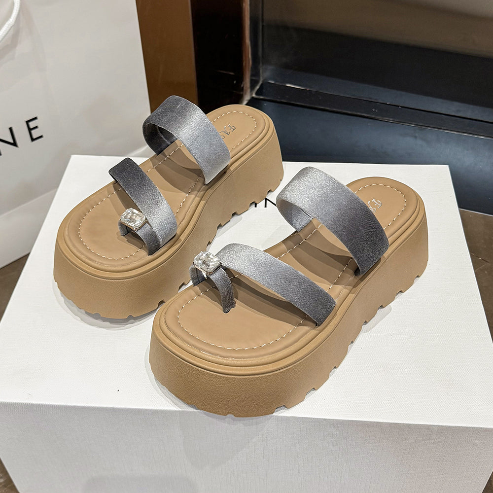 2026 Summer French Rhinestone Platform Slide Sandals, Toe Post Chunky Sole Fairy Style Casual Versatile Beach Slippers