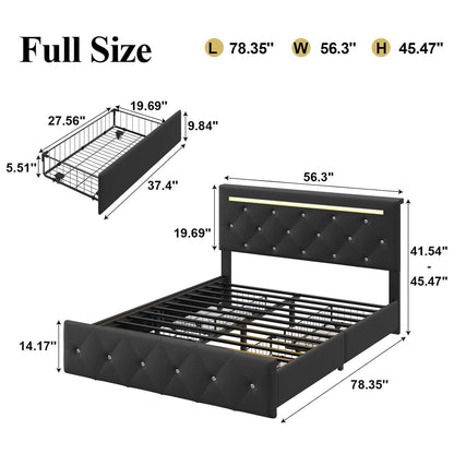 Upholstered Bed Frame With LED Lights, 4 Storage Drawers, Charging Station