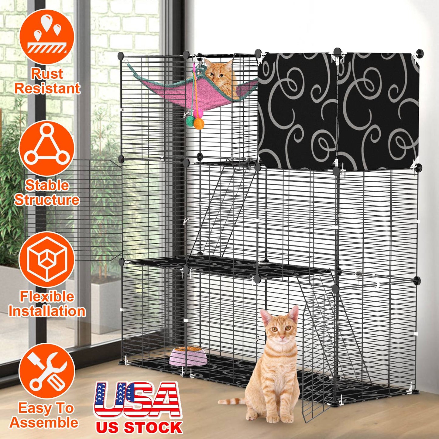 3-Tier Cat Cage Enclosure Indoor Cat Cage Playpen With Hammock Toy Ball Ladder DIY Iron Wire Cat House Kennels Crate For 1-2 Cats Ferret Rabbit Small