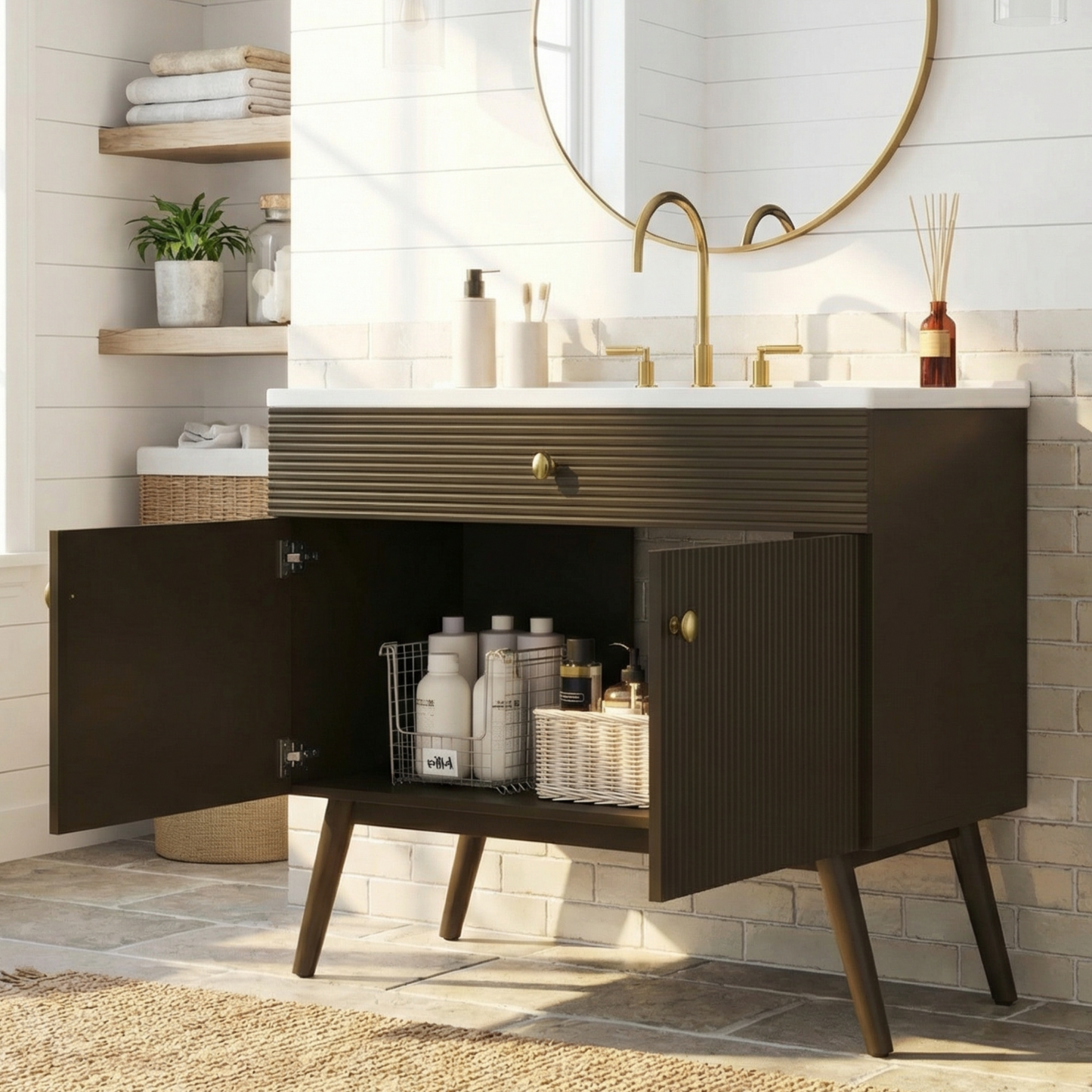 36" Luxury Striped Bathroom Vanity, Soft-Close Dual-Door Storage & Premium Ceramic Sink