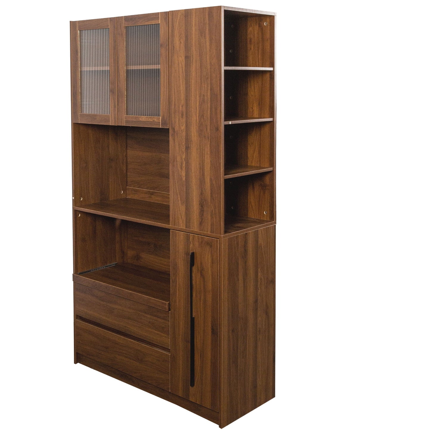 Tall Kitchen Pantry Cabinet With 4 Tier Side Shelf, 2 Drawers, Freestanding Food Hutch With Microwave Stand For Dining Room - Walnut