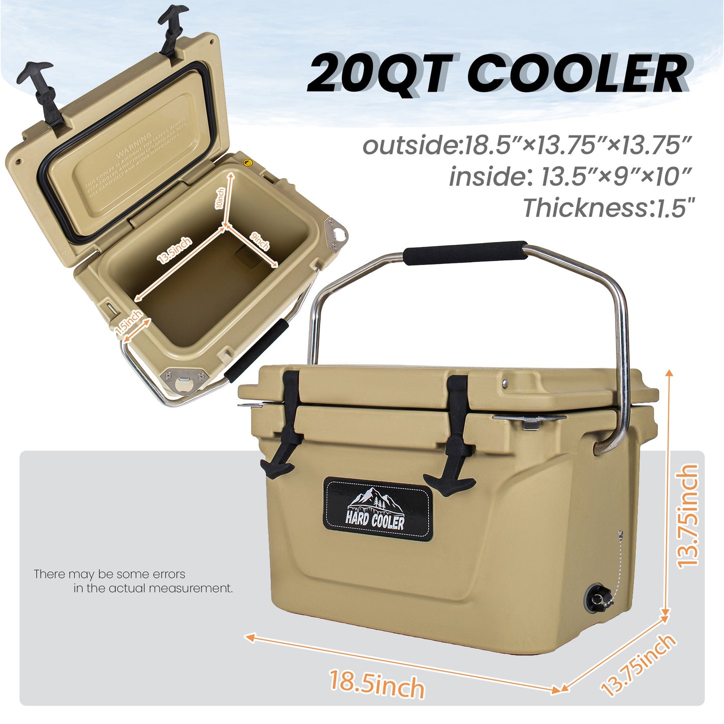 20 Quart Khaki Cooler, Ultra-Tough Hard Shell Ice Chest