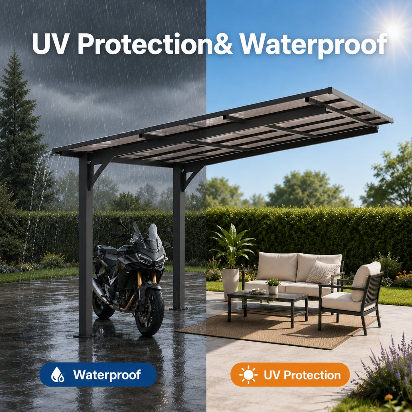 10x10FT PC Roof Carport with Galvanized Steel Frame and Sloped Roof