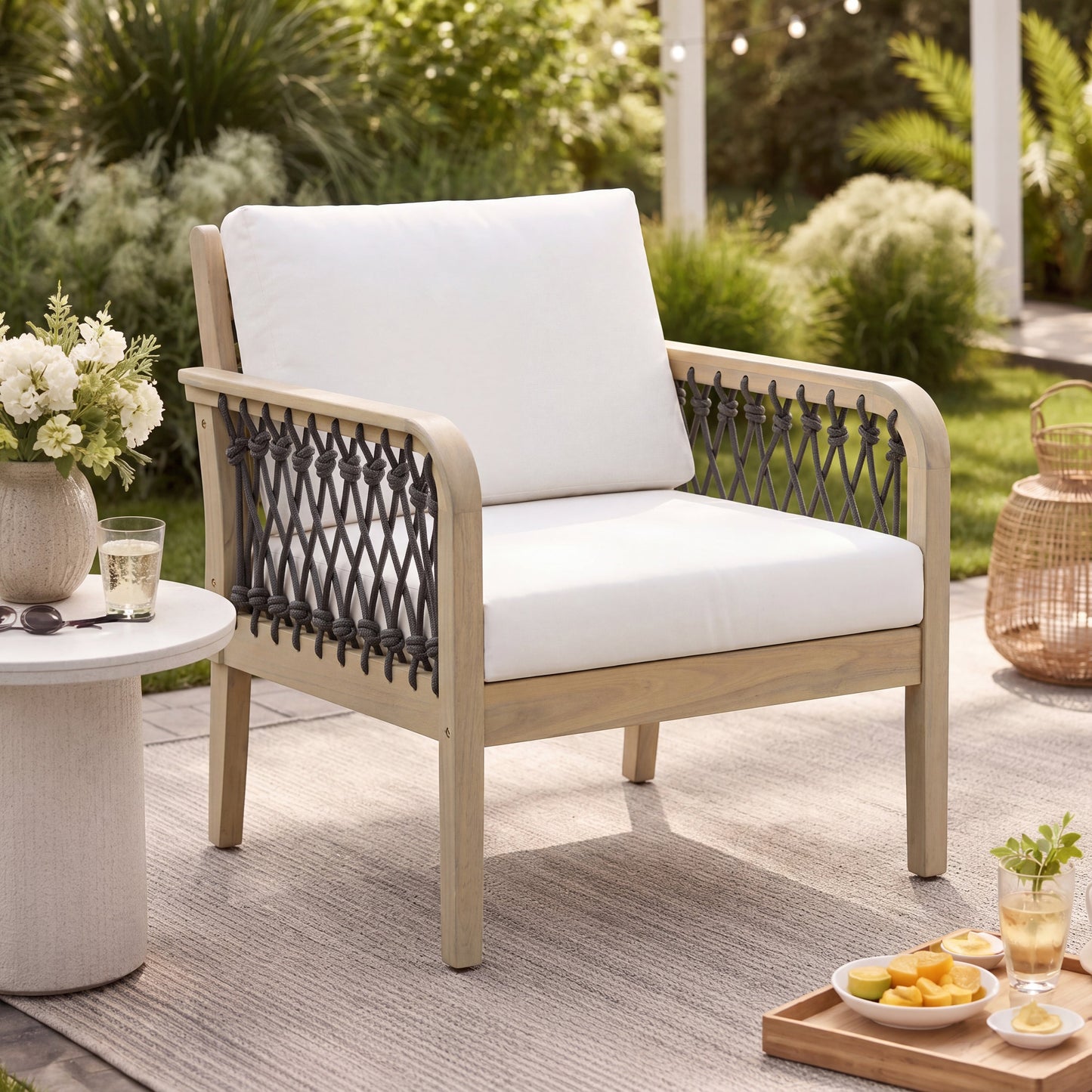 Outdoor Acacia Wood Club Chair with Handwoven Rope, Light Teak Finish