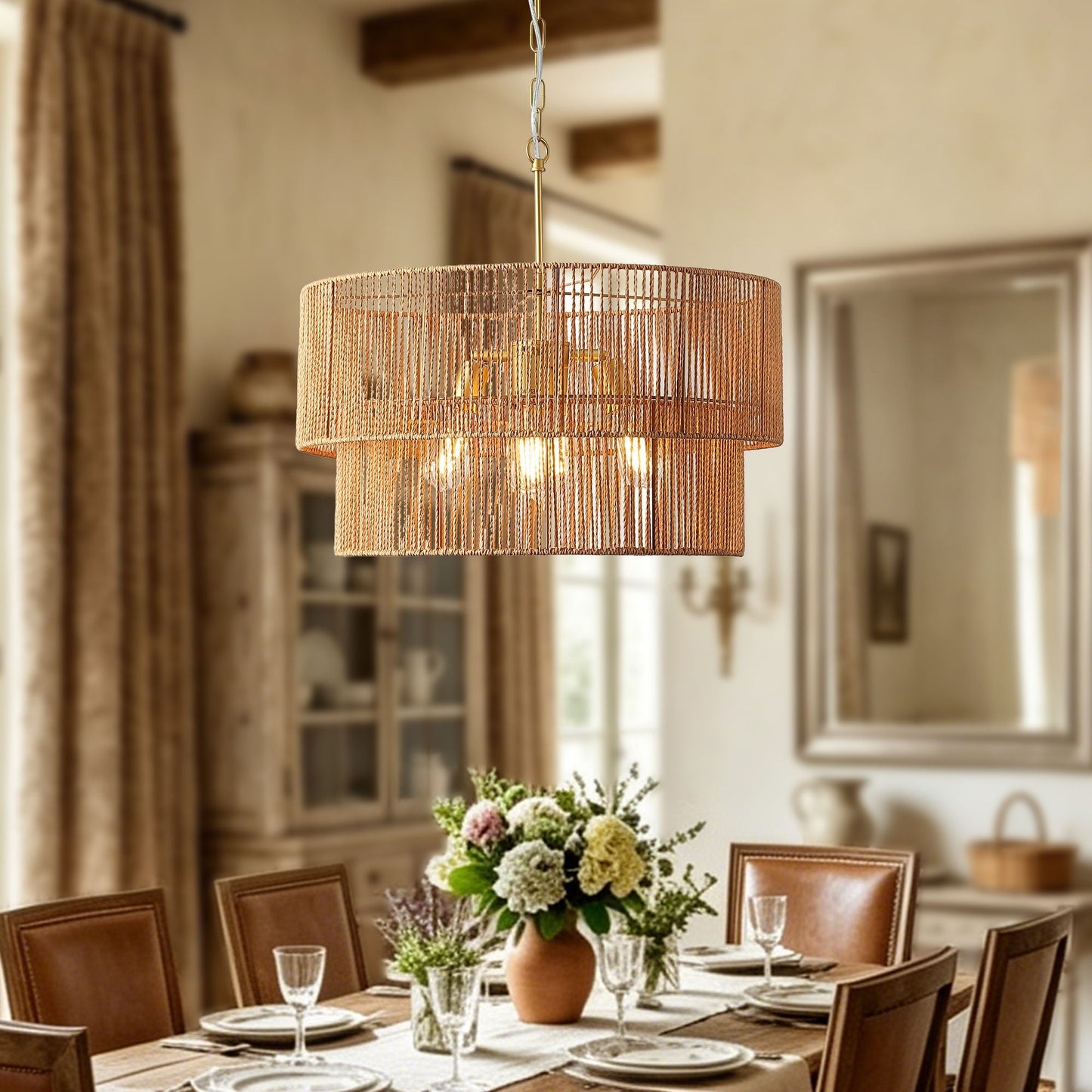 Chandelier, 2 Tier Boho Wabi Sabi Pendant Light, Hanging Ceiling Lamp - Gold