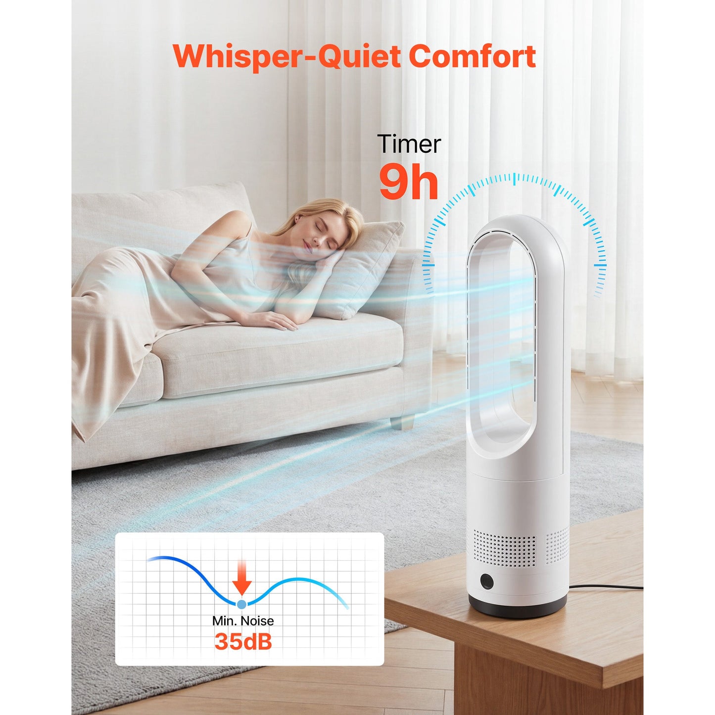Bladeless Tower Fan, 80° Oscillating Standing Fan with Remote