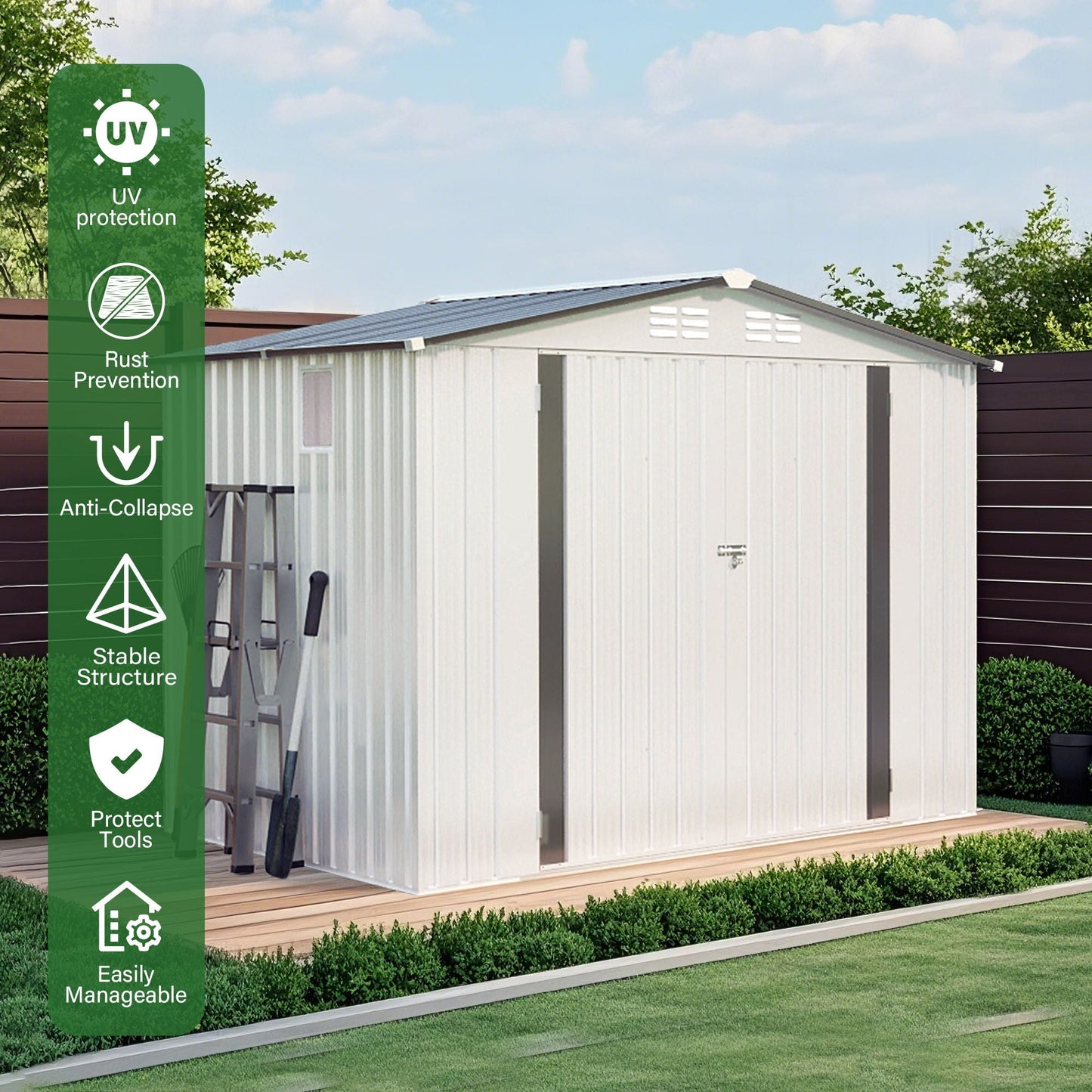 Outdoor Garden Storage Shed, Tool Shed With Pitched Roof Waterproof With 1 Window And 2 Lockable Door - White / Gray