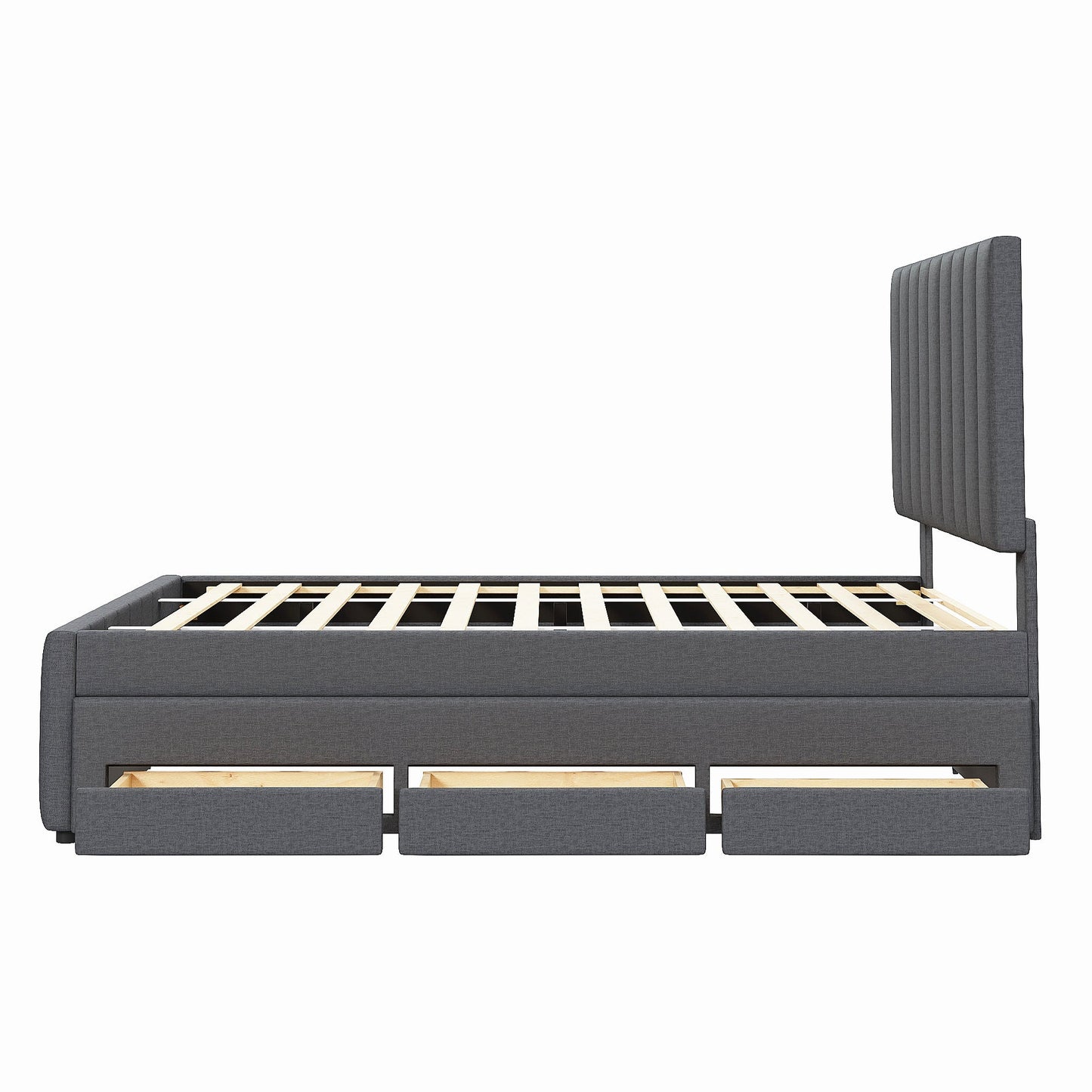 Full Size Upholstered Platform Bed with Twin Size Trundle and 3 Drawers