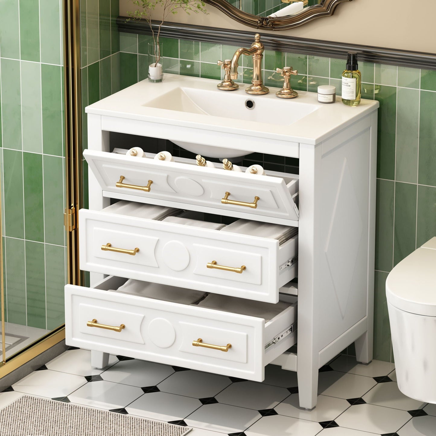Retro Bathroom Vanity With Sink Combo, Free Standing Single Set With 3 Drawers