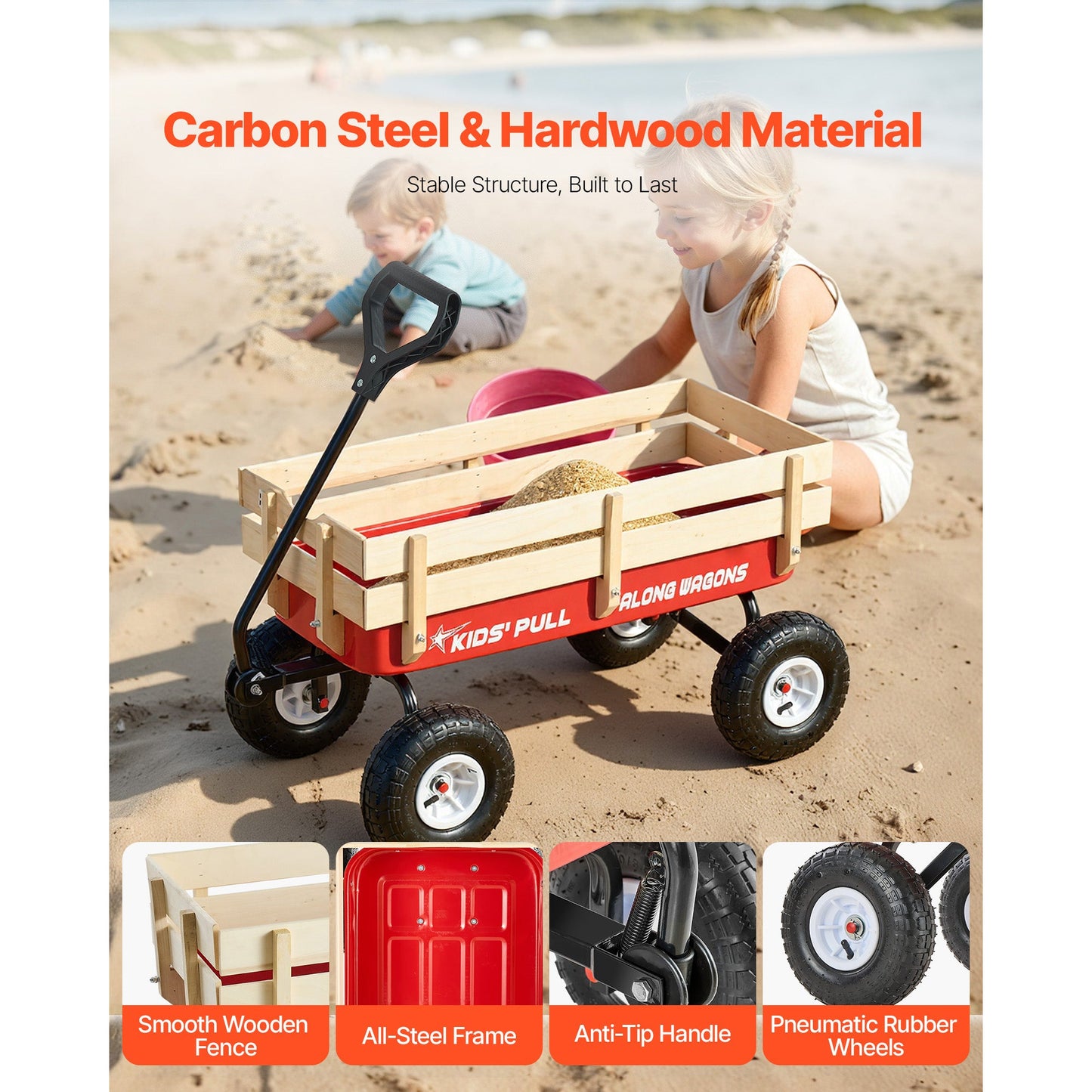 Pull-Along Wagon for Kids, 39 Inch Toddler Wagon with Wooden Panels & Handle