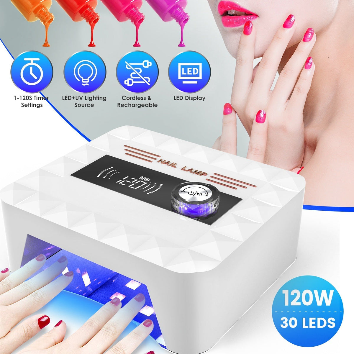 120W Cordless UV Nail Lamp Rechargeable Gel Curing Lamp Gel Polish Light Nail Dryer with LED Display 1-120S Timer Settings 30 LED Beads for Salon and