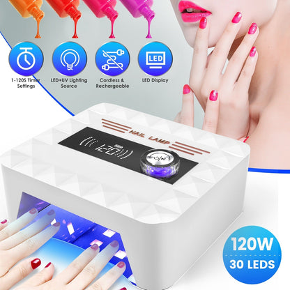 120W Cordless UV Nail Lamp Rechargeable Gel Curing Lamp Gel Polish Light Nail Dryer with LED Display 1-120S Timer Settings 30 LED Beads for Salon and