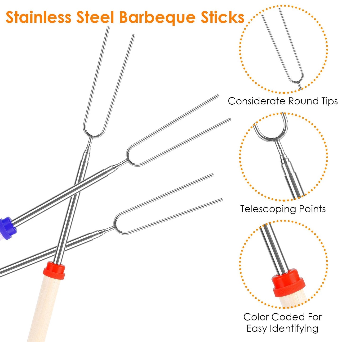 Stainless Steel Roasting Sticks Set 31.9in Extendable Telescoping Marshmallow Hot Dog Fork Skewers Set w/ Corn Needles Fork Knife For BBQ Fire Pit Cam