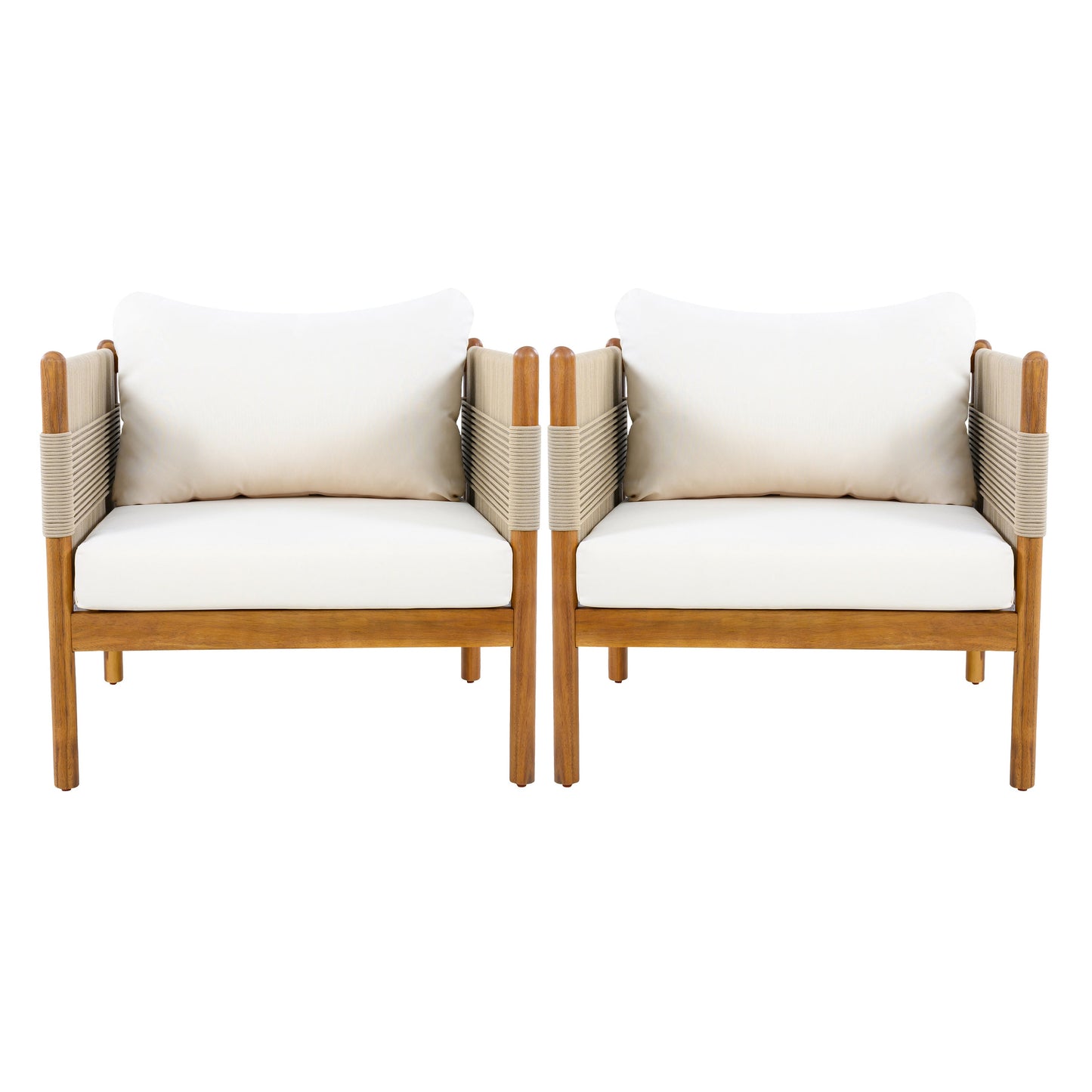 Outdoor Club Chairs (Set of 2) with Diamond-Pattern Beige Rope, Teak Finish