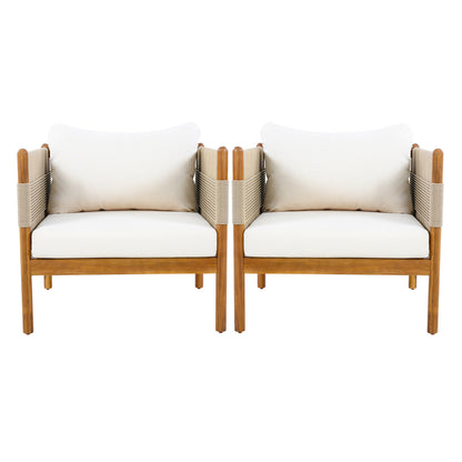 Outdoor Club Chairs (Set of 2) with Diamond-Pattern Beige Rope, Teak Finish