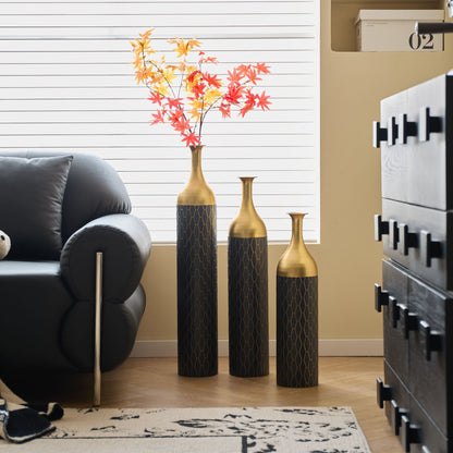 Elegant Floor Vase Set Metal Decorative Vases 3 Piece Set For Floral Display, Wedding & Gift Decor - Gold / Black
