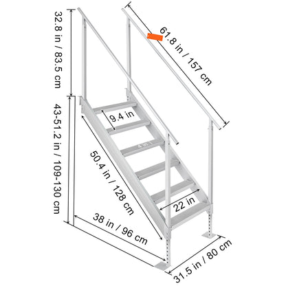 Dock Ladder, 43''-51'' Adjustable Height, 6 Steps with Dual Handrails