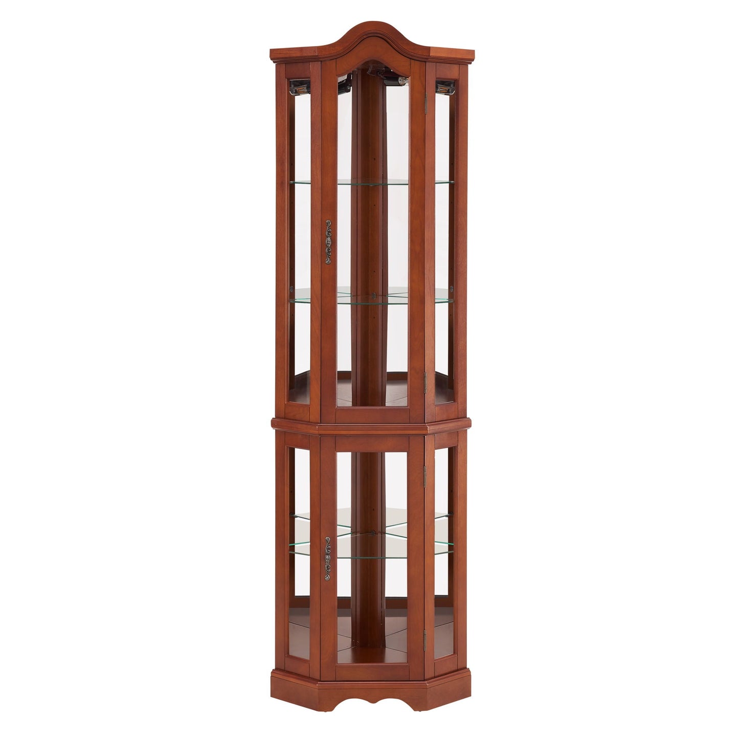 Corner Curio Cabinet With Lights, Adjustable Shelves, Mirrored Back - Walnut