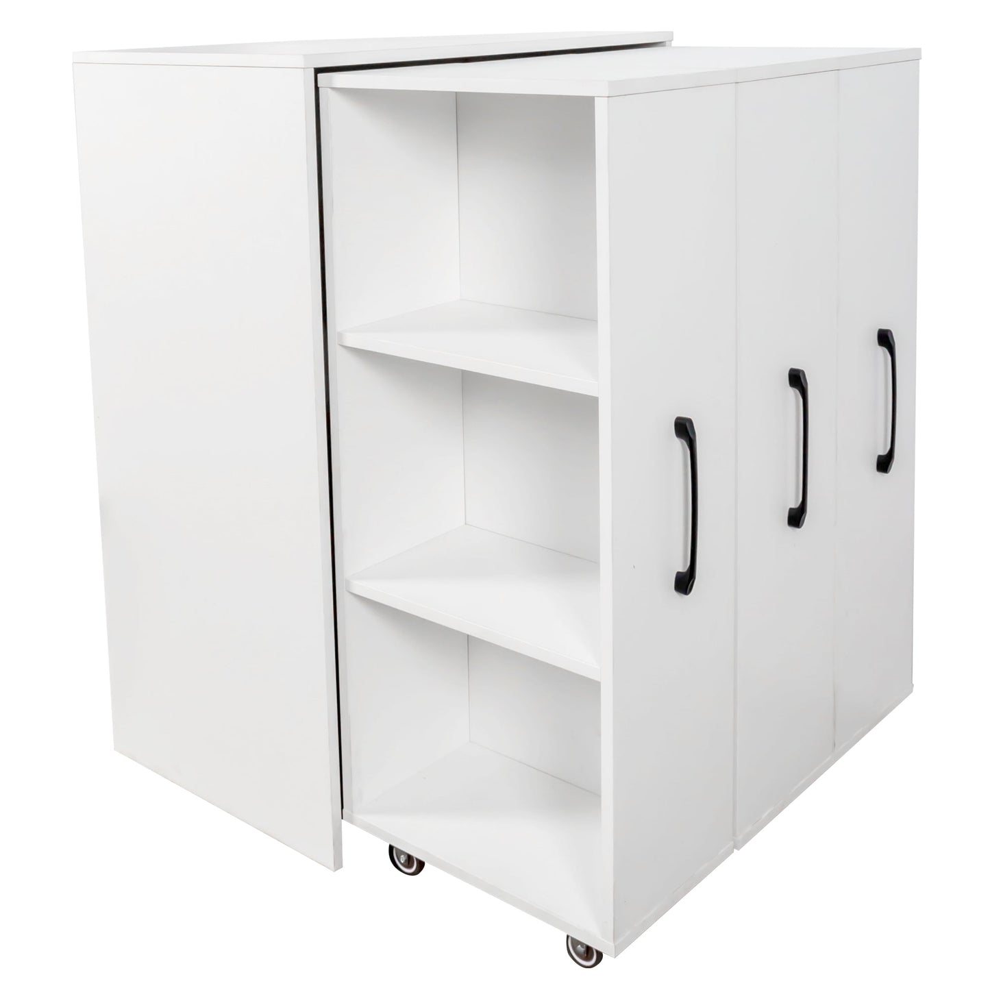 3 Tier Bookcase with Three Pulled Out Doors and Wheels