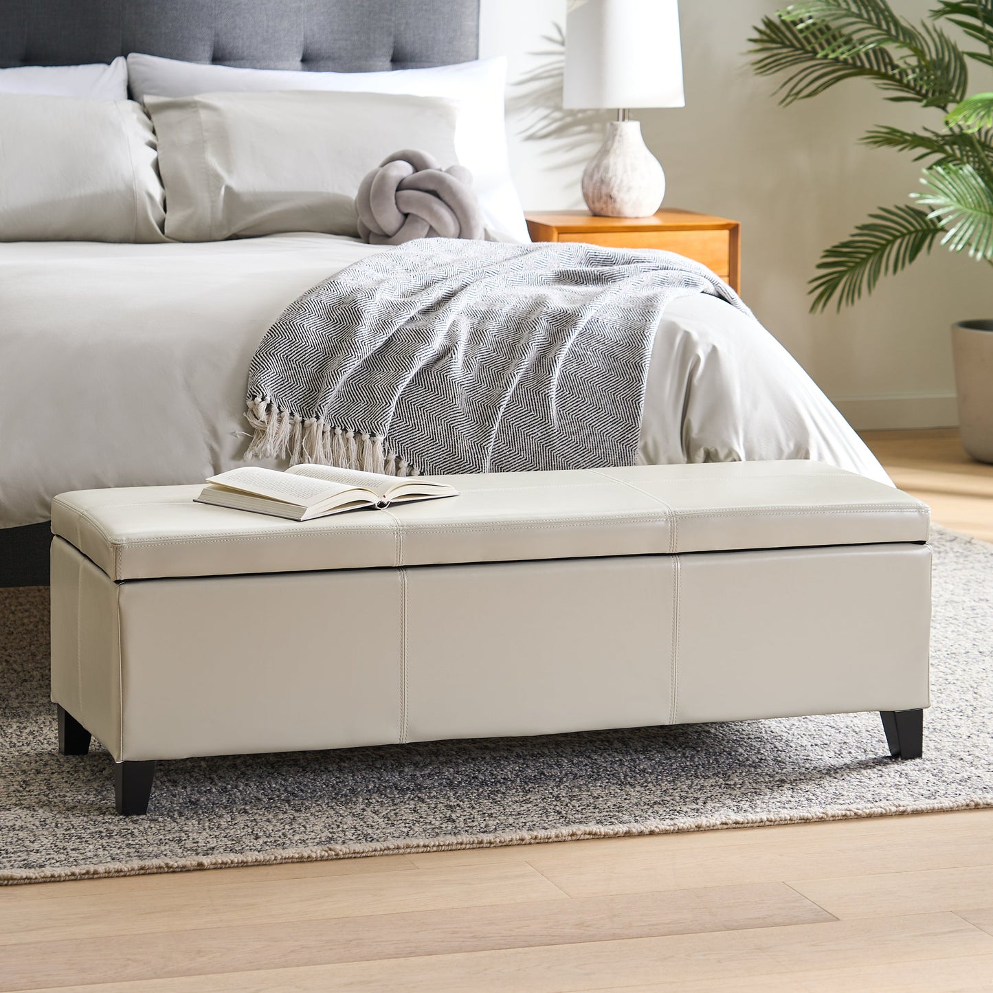 Upholstered PU Leather Storage Ottoman with Solid Wooden Legs