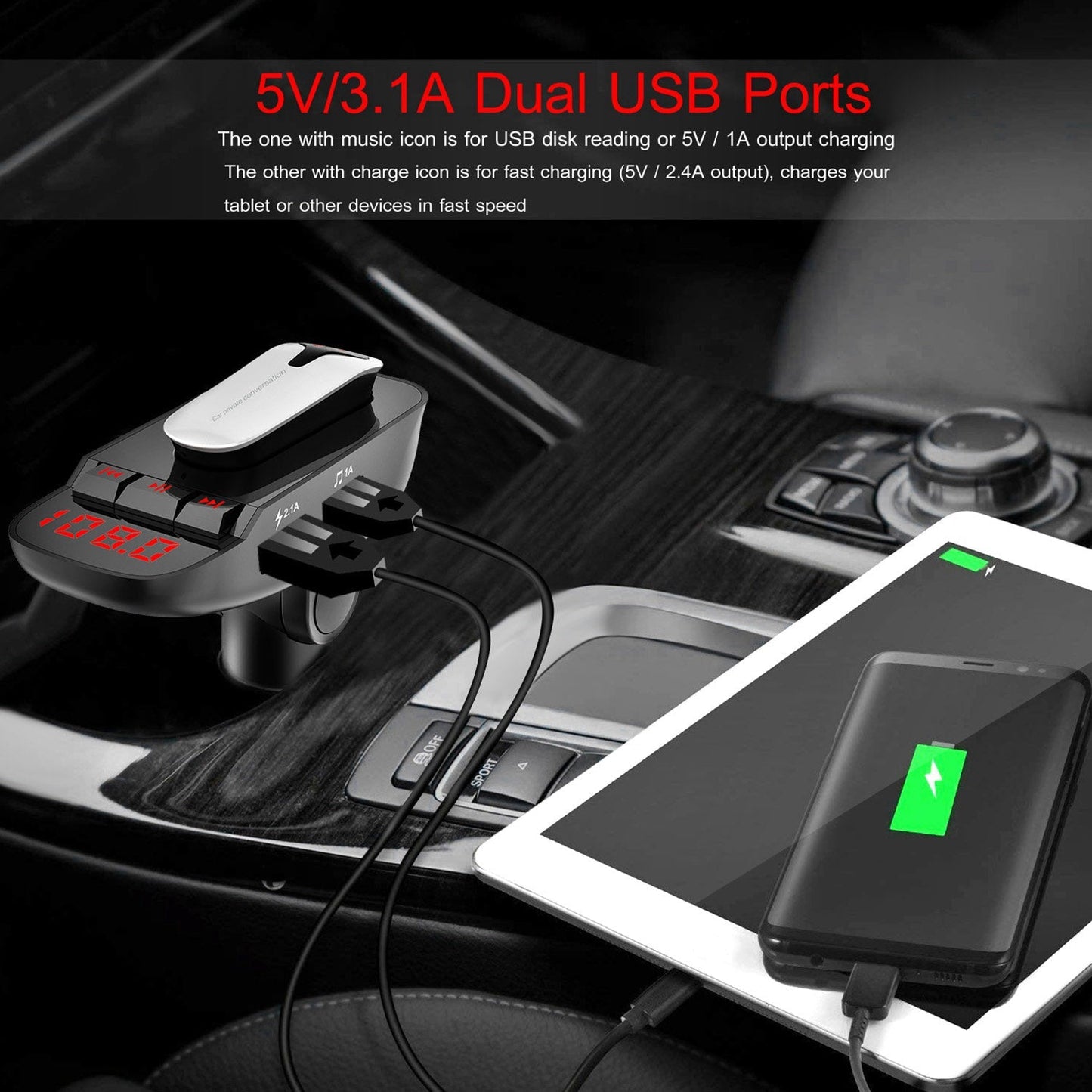 Car FM Transmitter w/ Wireless Earpiece 2 USB Charge Ports Hands-free Call MP3 Player TF Card Aux-in