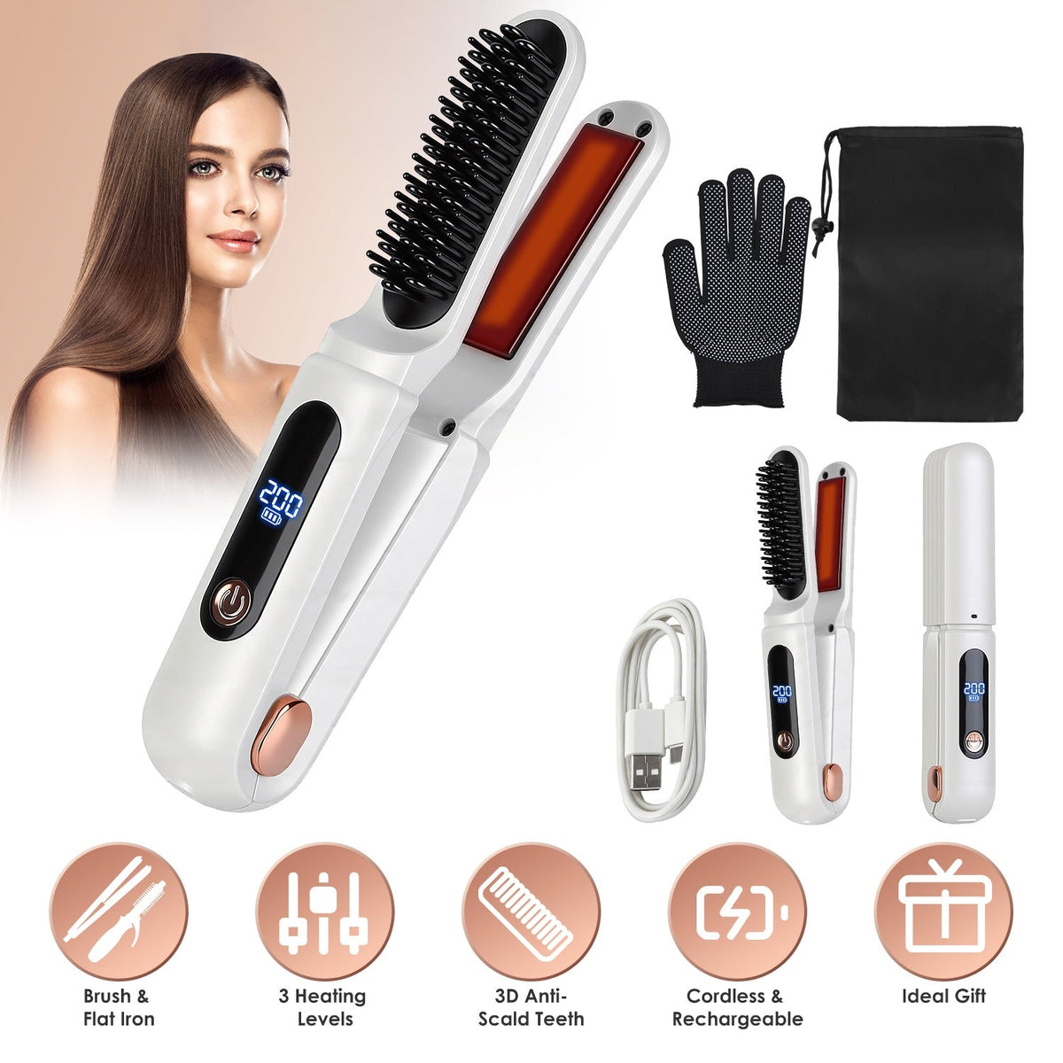 Cordless Hair Straightener Brush 2-in-1 Ceramic Flat Iron