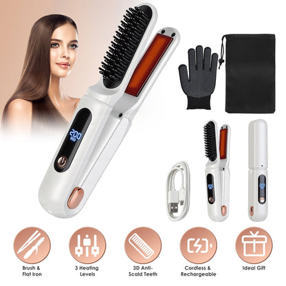 Cordless Hair Straightener Brush 2-in-1 Ceramic Flat Iron