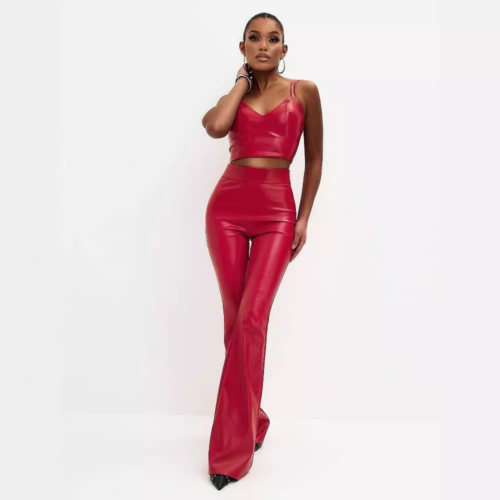 New sexy Red leather Flared Pants Women