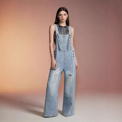 Women's Retro Loose-Fit Wide-Leg Denim Overalls