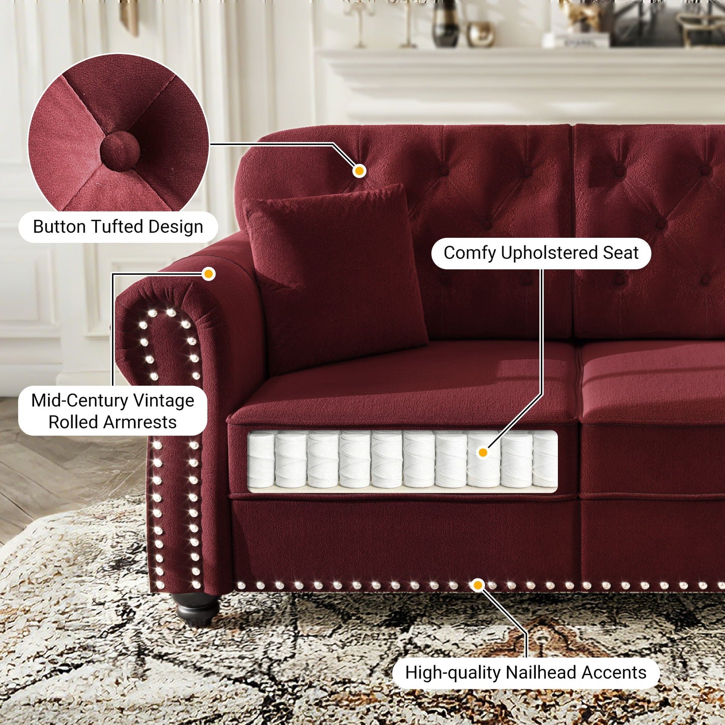 Sofa With Nailhead Trim And Rolled Armrests