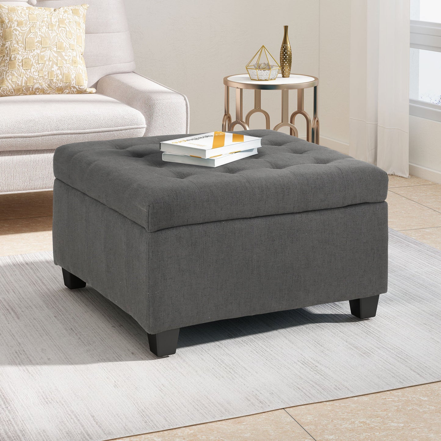 Upholstered Tufted Fabric Storage Ottoman