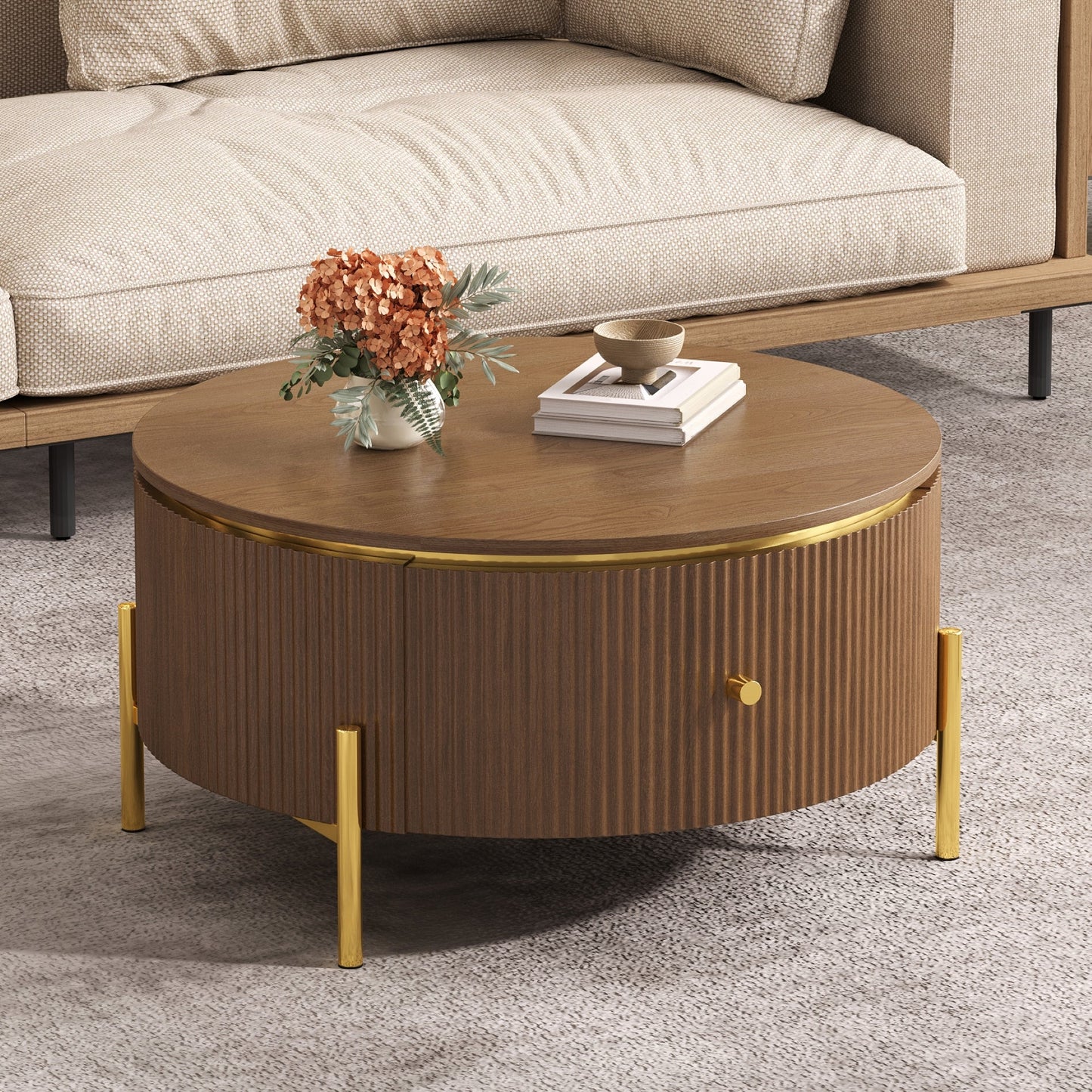 Modern Round Coffee Table with 2 Large Drawers Storage Accent Table