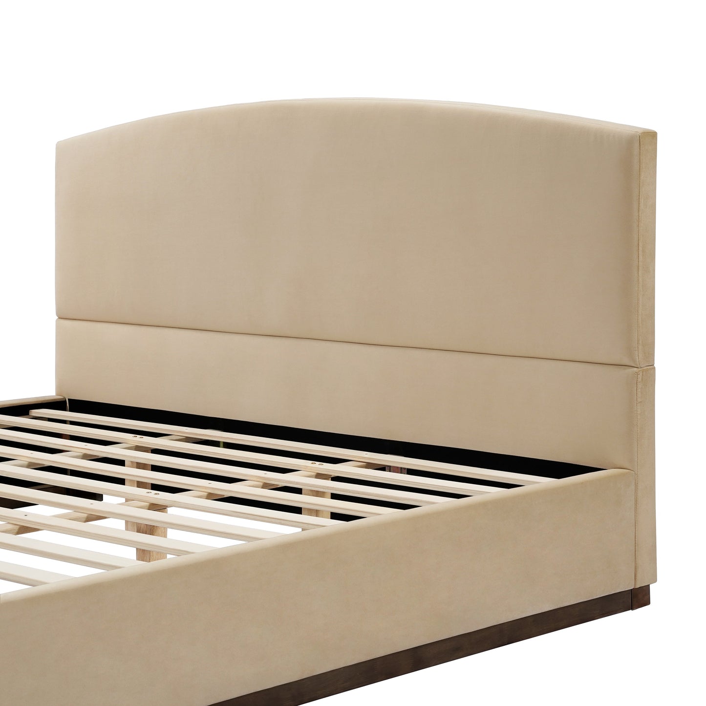 King Size Upholstered Bed Frame With Velvet Fabric Thick Headboard, Solid Wood Base, Camel