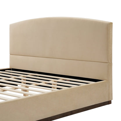 King Size Upholstered Bed Frame With Velvet Fabric Thick Headboard, Solid Wood Base, Camel