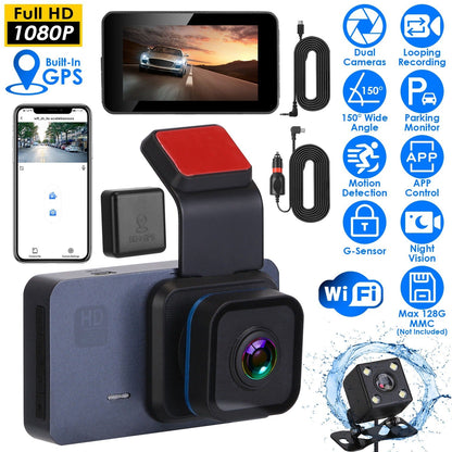 1080P Dual Lens Dash Cam Vehicle Driving Recorder Car DVR with WiFi GPS G-Sensor APP Control Motion Detection Parking Monitor Night Vision