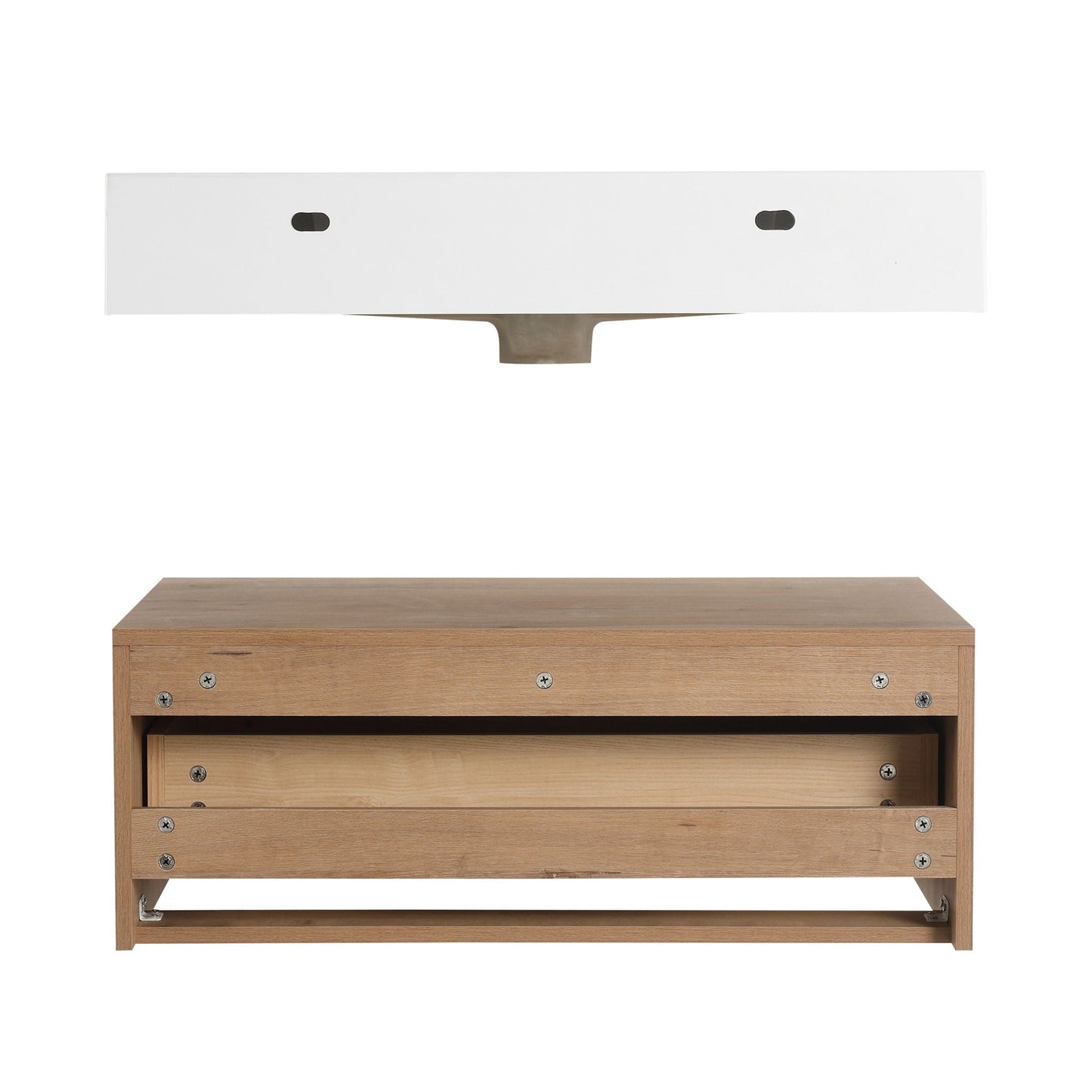Modern Wall Mounted 30 Inch Bathroom Vanity With Resin Sink And 2 Side Cabinet In Imitative - Imitative Oak