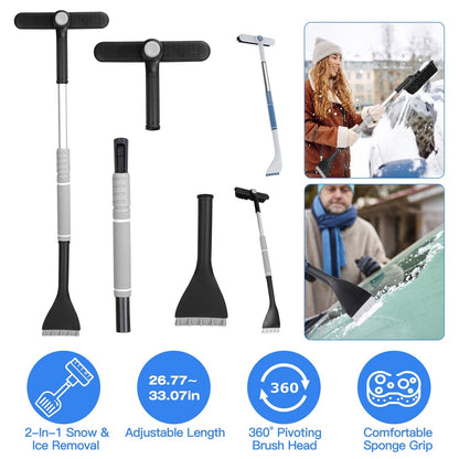 2 In 1 Ice Scraper Extendable Car Snow Brush Telescopic Snow Removal Tool Automobile Snow Shovel Frost Removal with 360¡ Pivoting Brush Head Sponge Gr