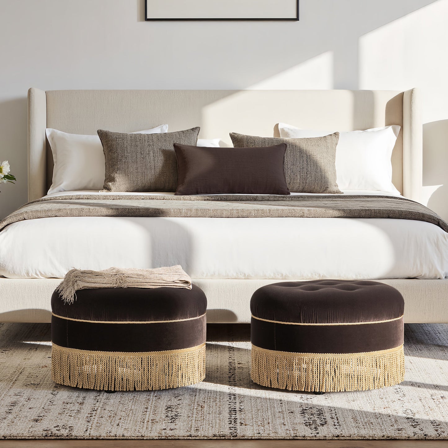 Yolanda 24" Round Upholstered Accent Ottoman - Deep Brown Velvet