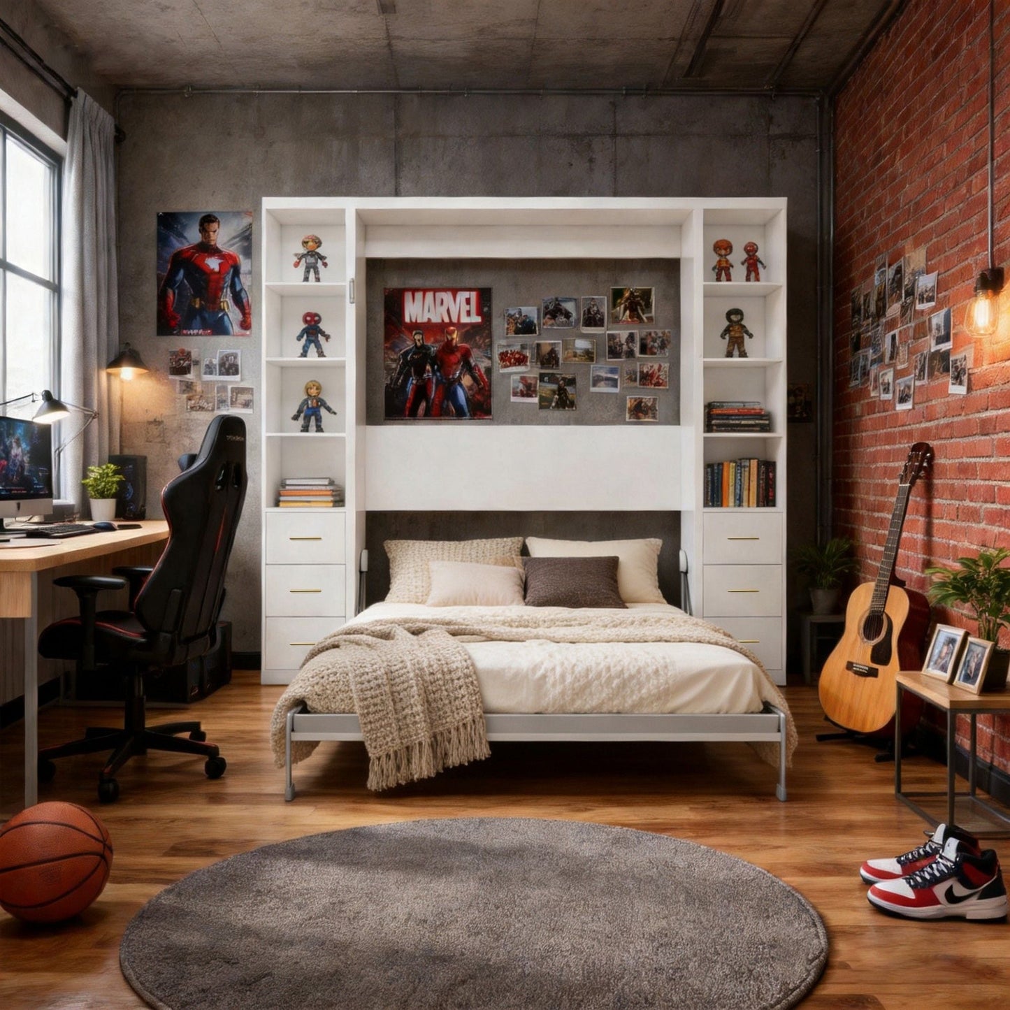 Queen Size Murphy Wall Bed With Side Storage Cabinets - White