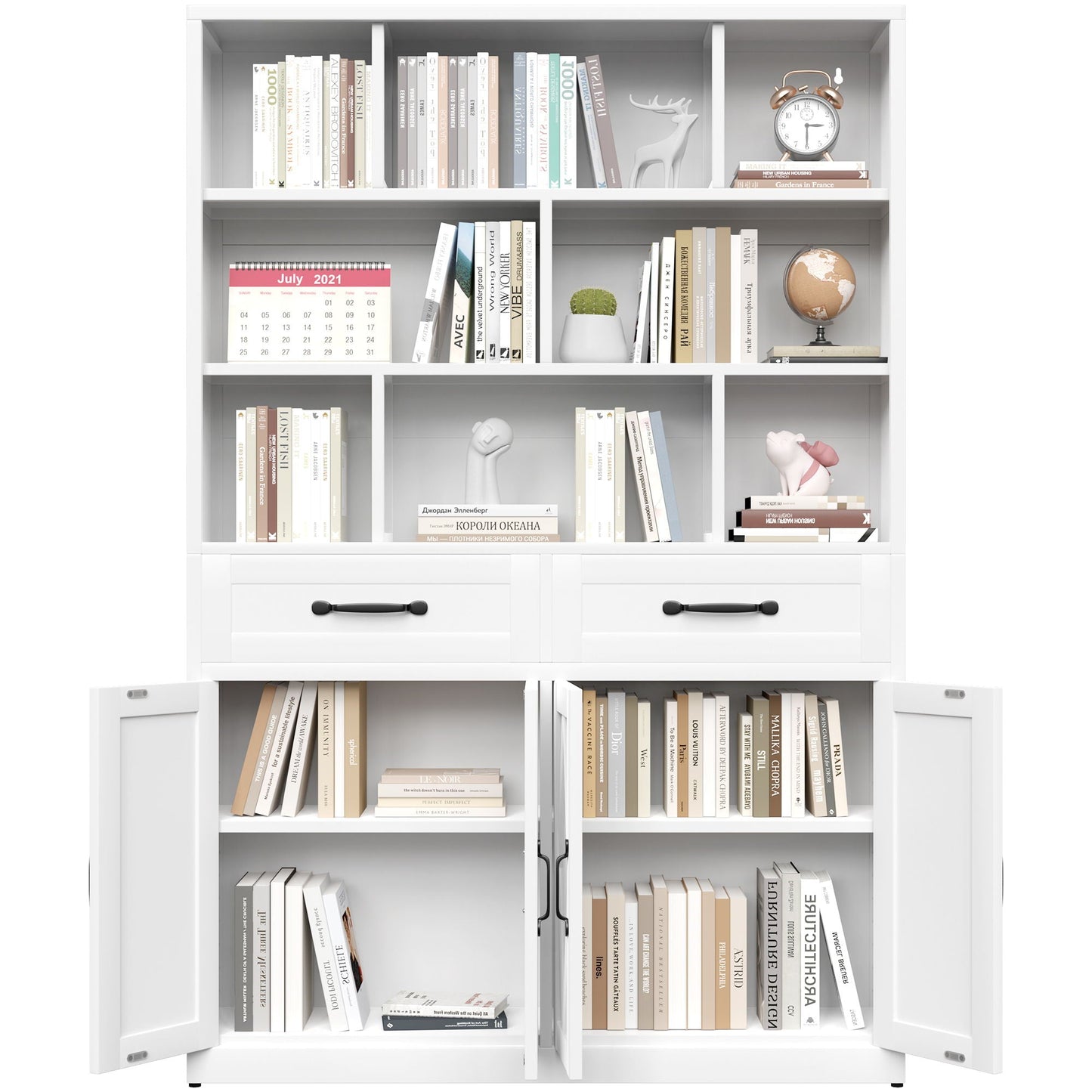 Bookcase Tall With 2 Doors & 2 Drawers, Fixed Open Shelves - White