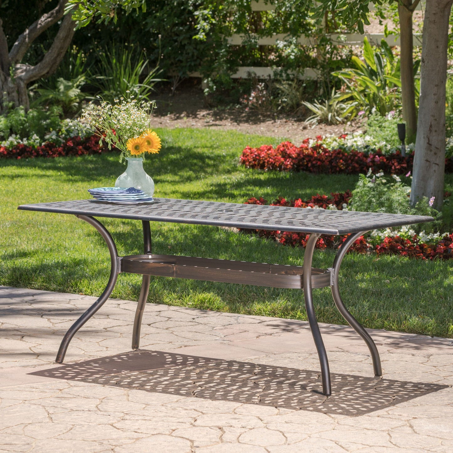 Enchantia Outdoor Rectangular Dining Table with Weave Tabletop and Flared Legs - Copper