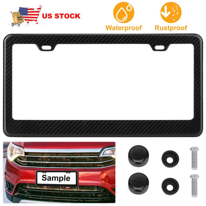 License Plate Frame Rustproof Waterproof Carbon Fiber Black License Plate Frame 2 Holes w/ Bolts Washer Caps for USA/Canada Standard