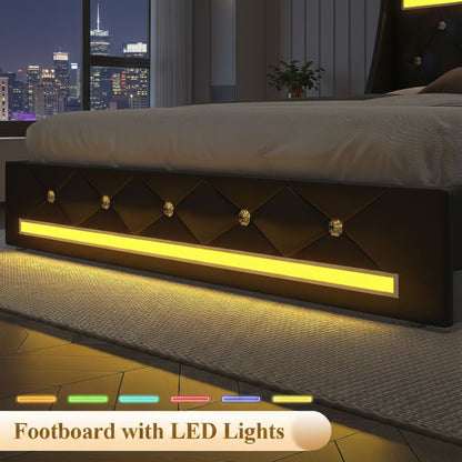 Wingback Upholstered Bed Frame With LED Lights, Charging Station