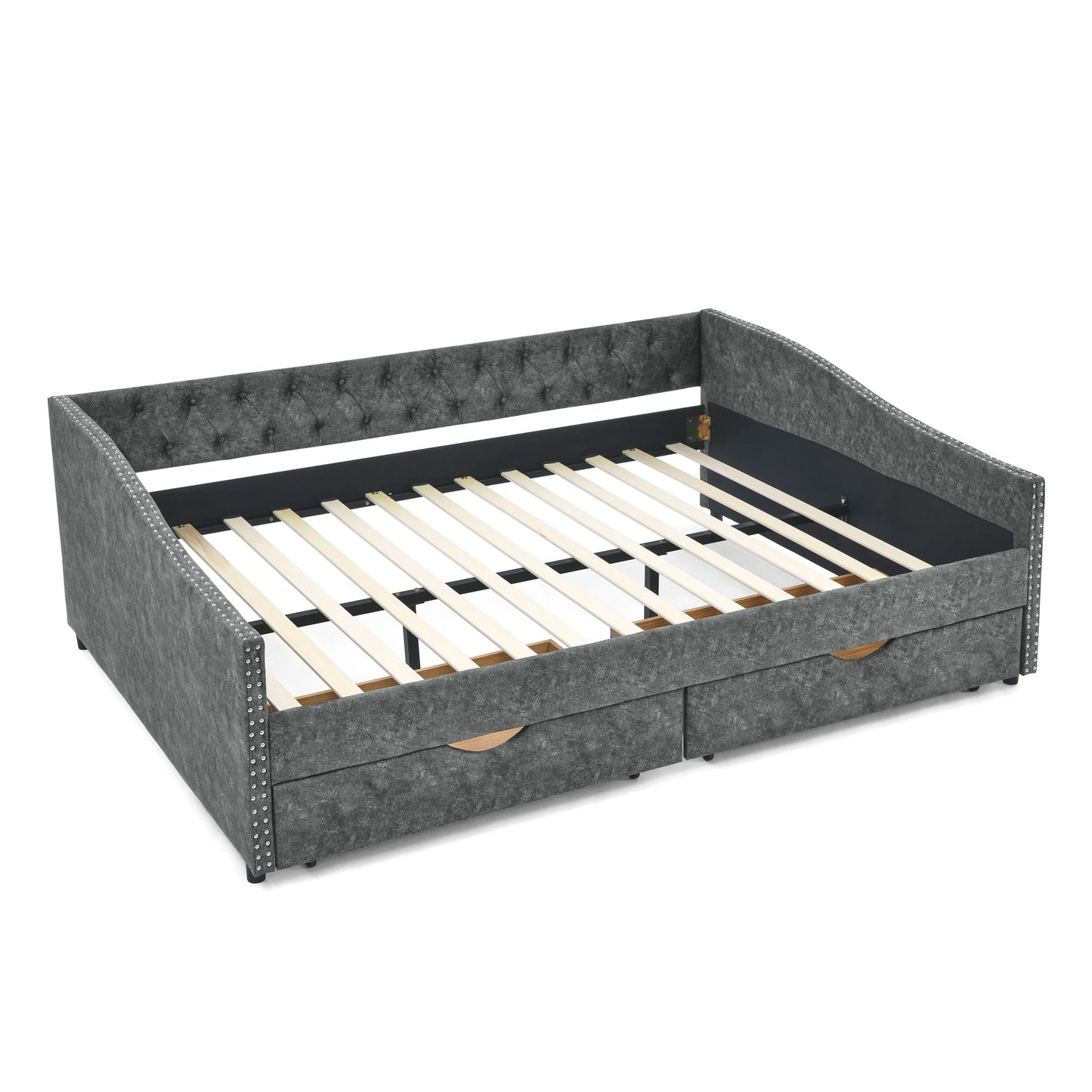 Upholstered Tufted Daybed With 2 Drawers, Waved Arms