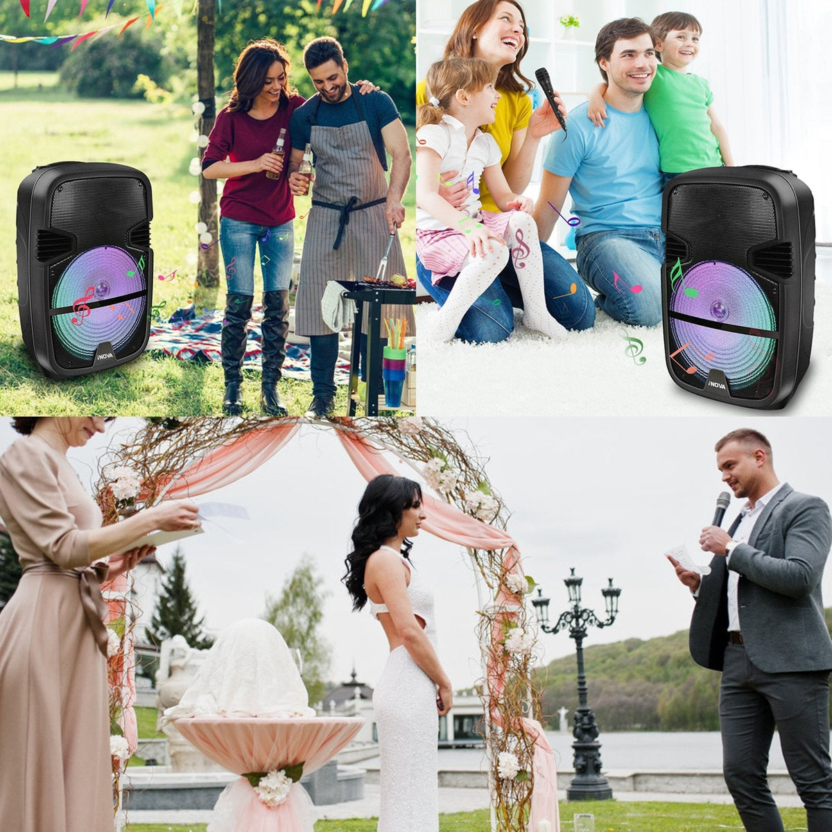 KOCASO Wireless Speaker Portable PA Karaoke System with 12" Subwoofer FM Radio Wired Microphone w/ DJ Lights FM Remote Control