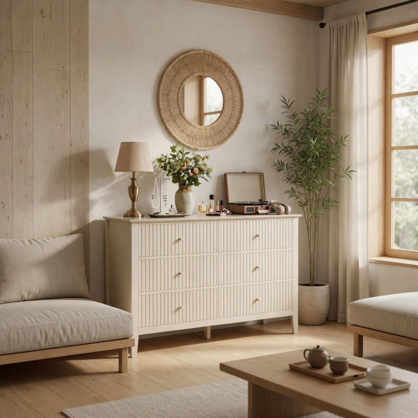 Modern 6 Drawer Fluted Dresser