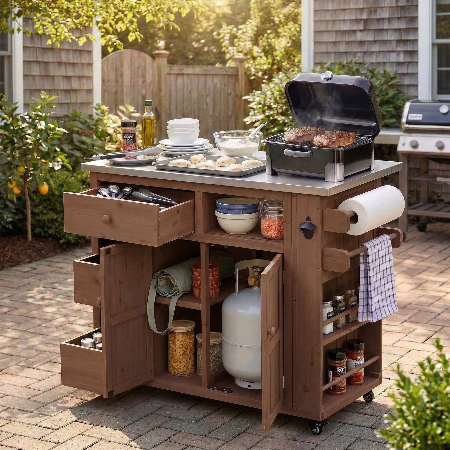 TOPMAX Outdoor Solid Wood Extendable Kitchen Island