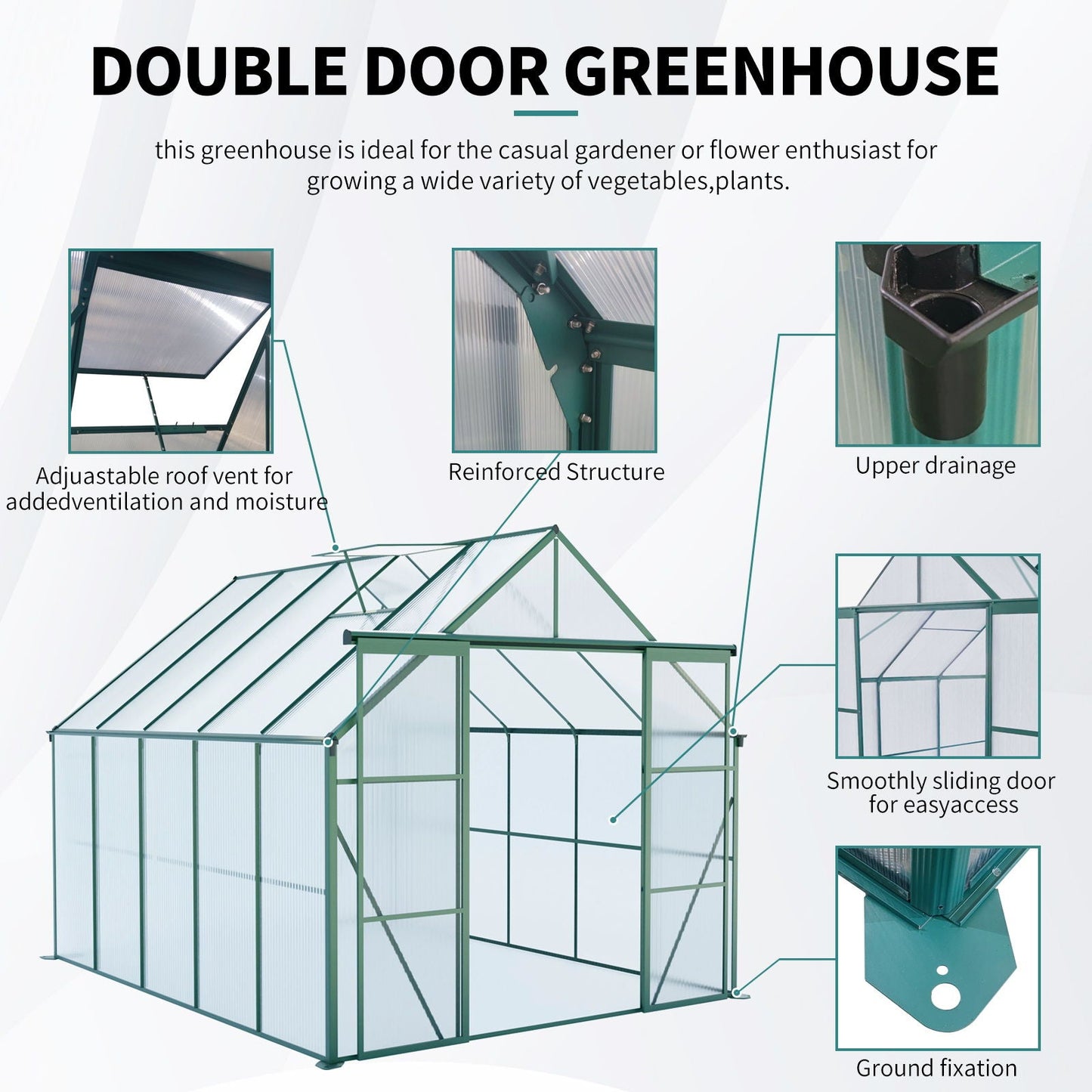 Double Door Polycarbonate house Raised Base And Anchor Aluminum Heavy Duty Walk In houses For Outdoor Backyard In All Season
