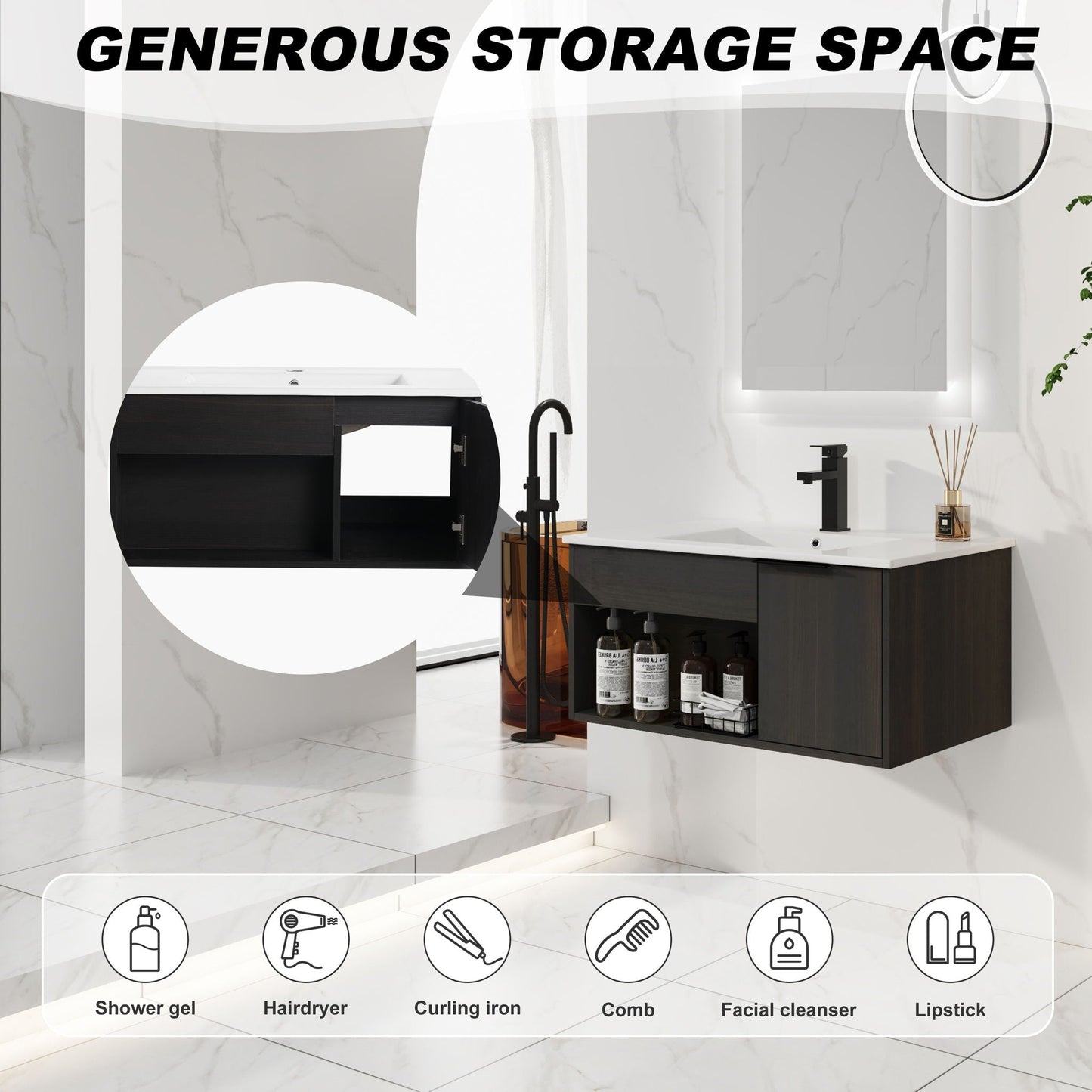 Wall Mounted Floating Bathroom Vanity With Open Shelf & Soft Close Door