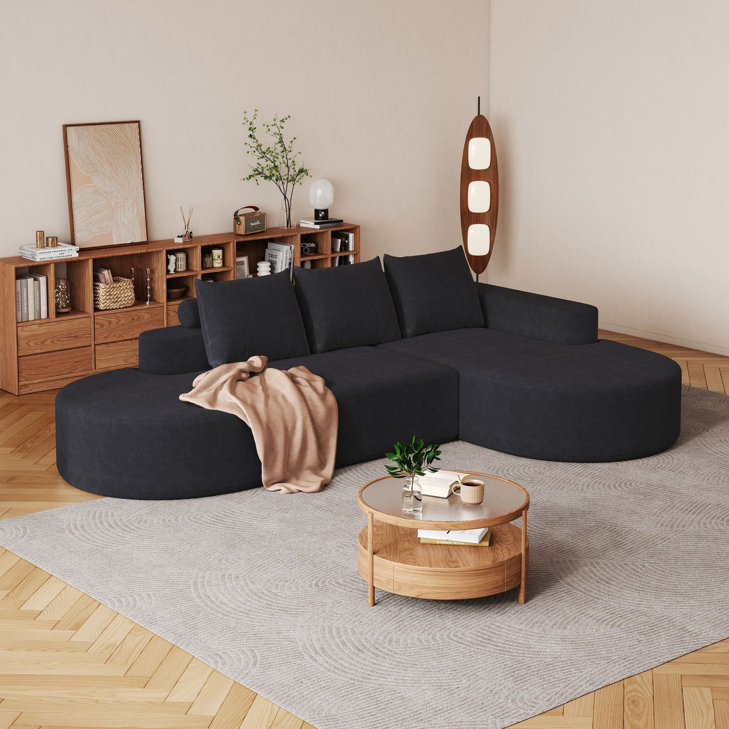 Modern Curved Sofa, L-Shaped Modular Sectional Set With 3 Pillows
